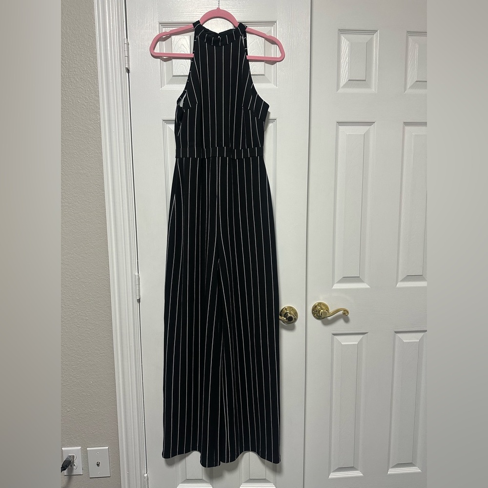 Soprano Black and White Striped Halter Wide Legged Jumpsuit Size Large
